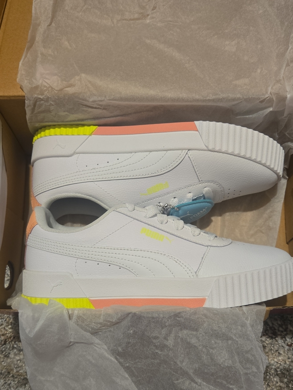 Puma White Sneakers with Coral and Neon Yellow Accents